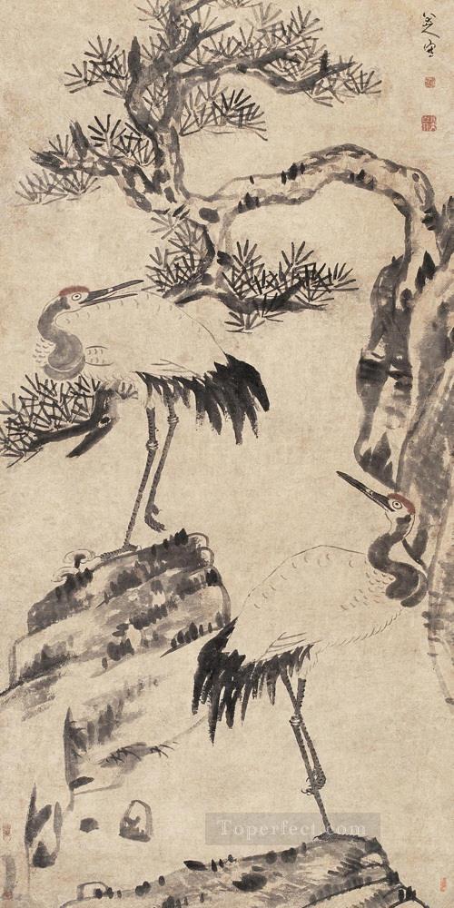 松と鶴の古い墨油絵